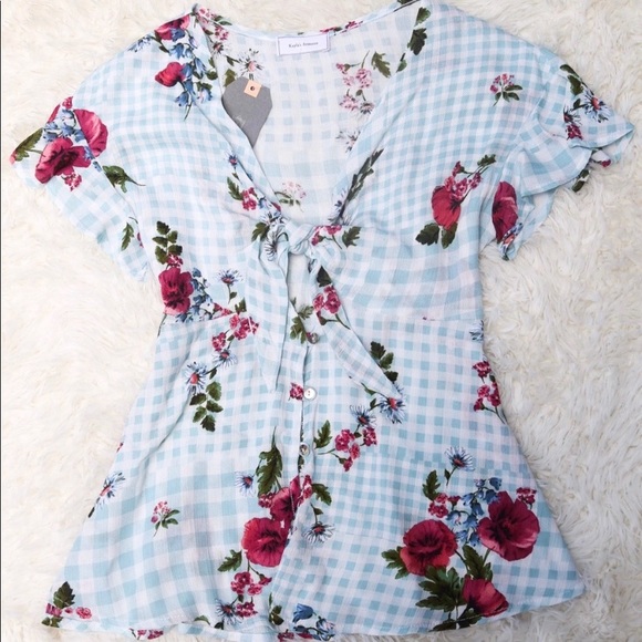 Blue Checkered Floral Short Sleeve Peplum Top - Picture 2 of 3